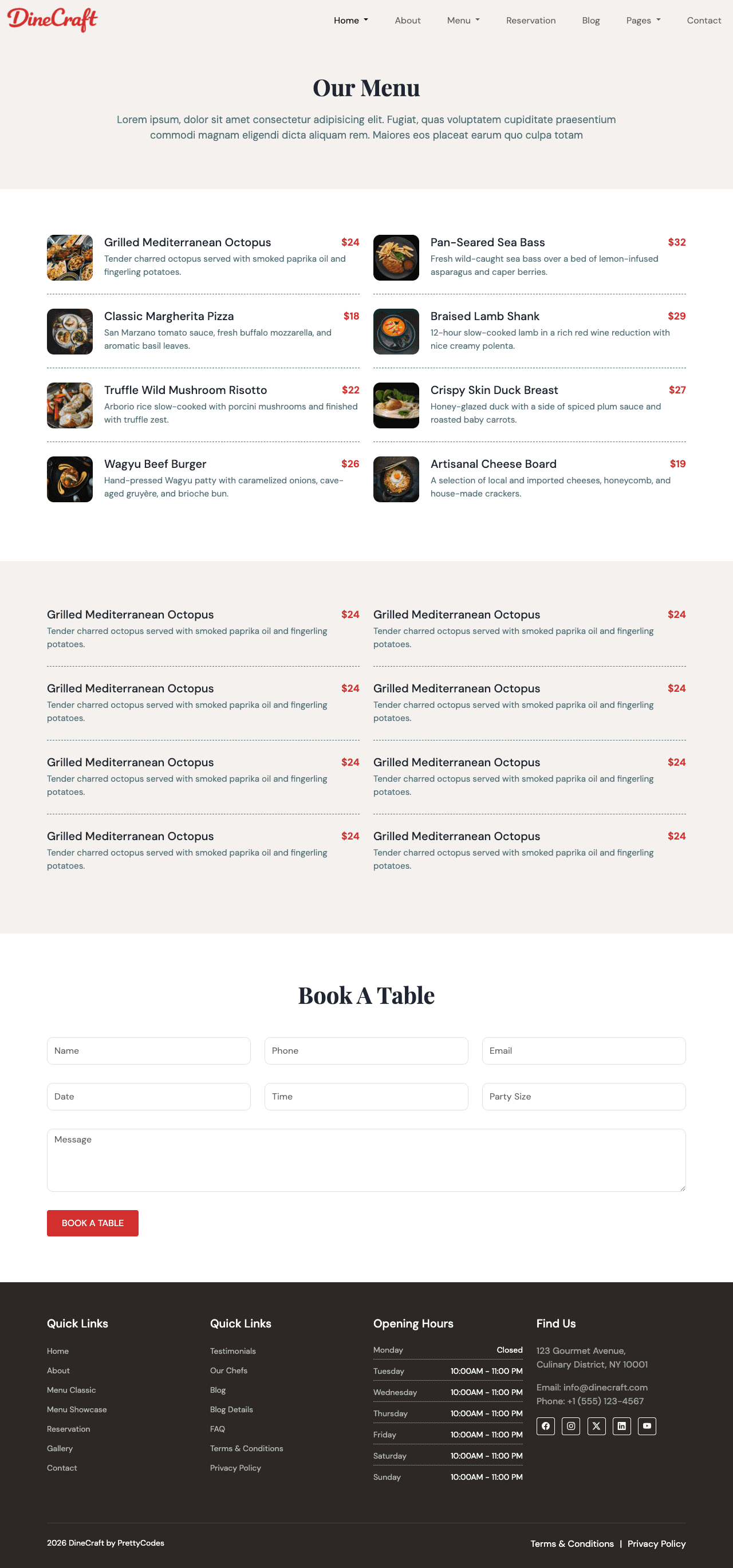 DineCraft Menu Classic page screenshot