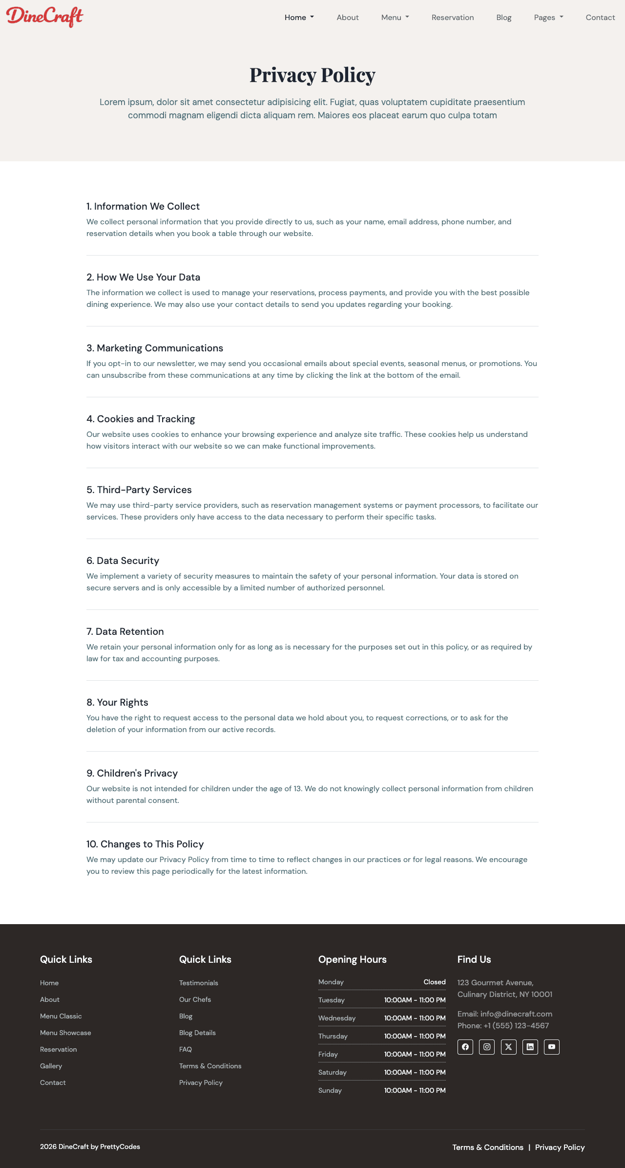 DineCraft Privacy Policy page screenshot