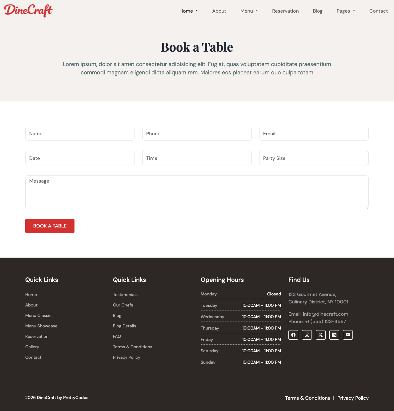 DinePro Book a Table page screenshot