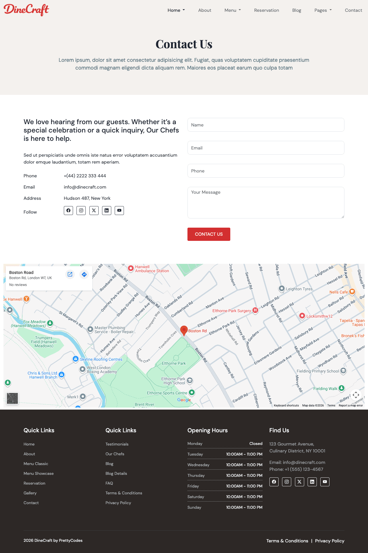 DinePro Contact page screenshot