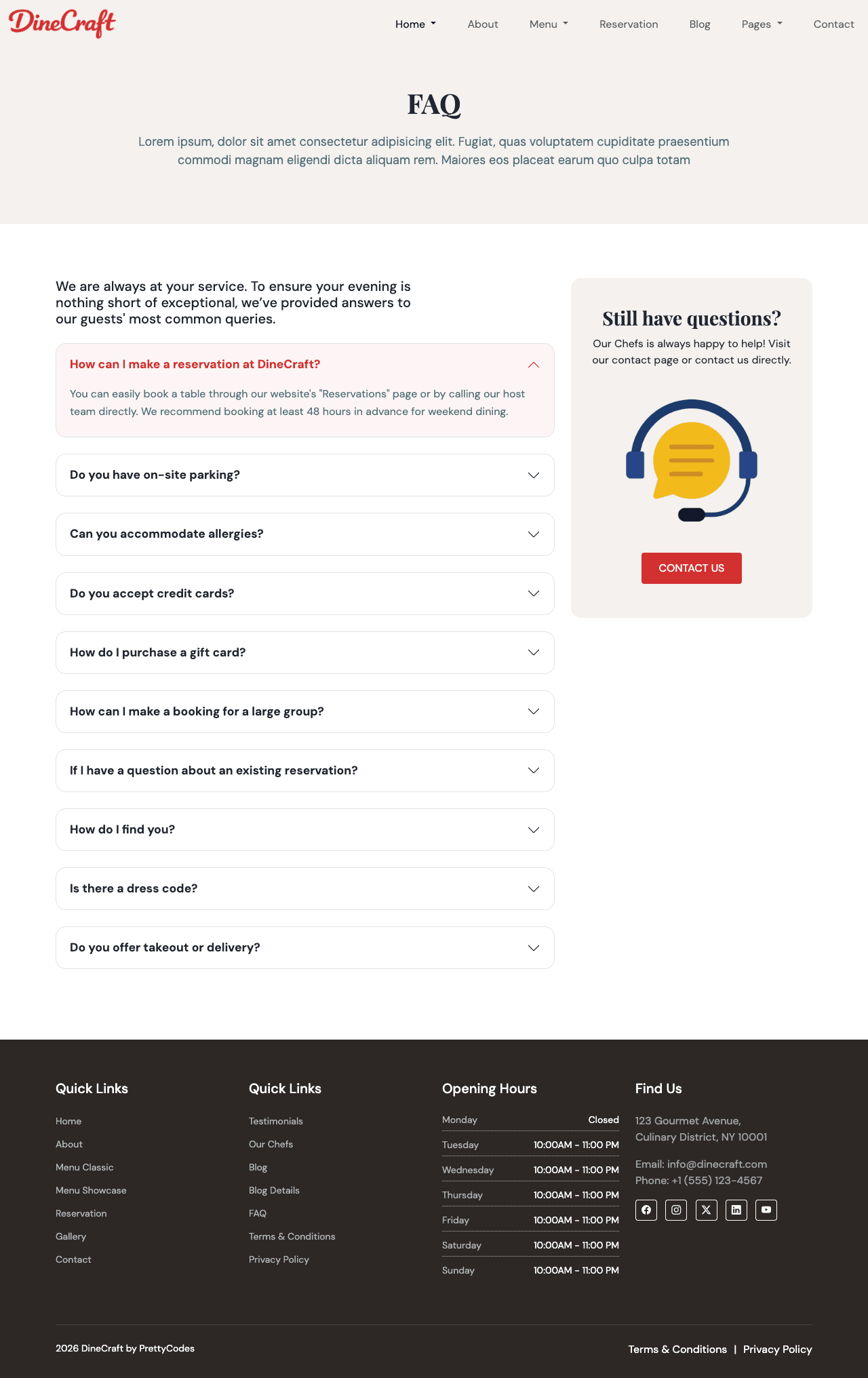 DinePro FAQ page screenshot