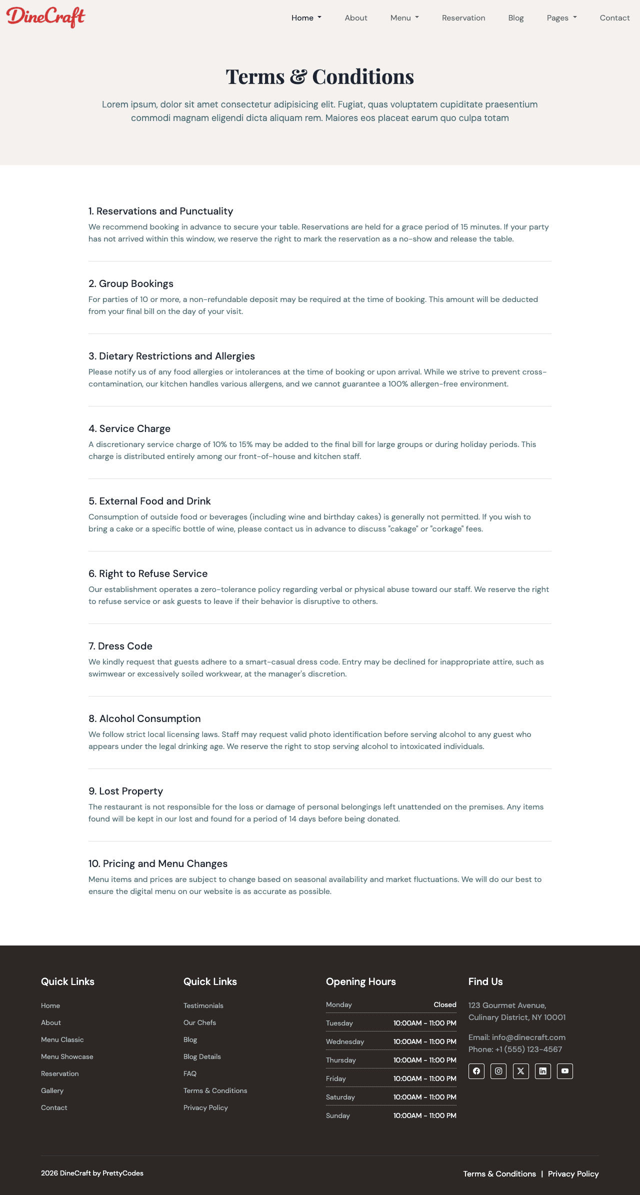 DineCraft Terms & Conditions page screenshot
